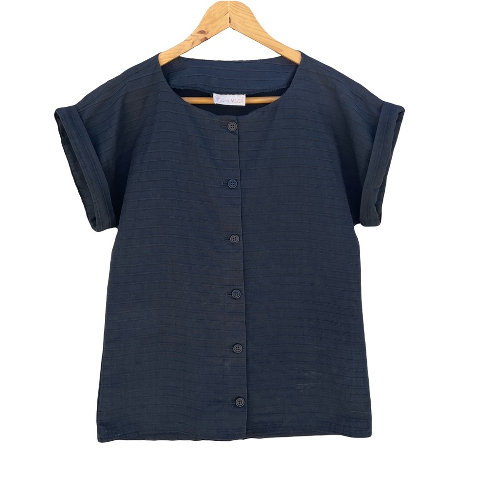 Vintage black ribbed cotton button up blouse